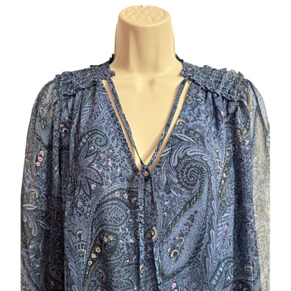 Lucky Brand Paisley Blue Print Sheer Long Sleeve Boho Top Size M - Picture 6 of 13